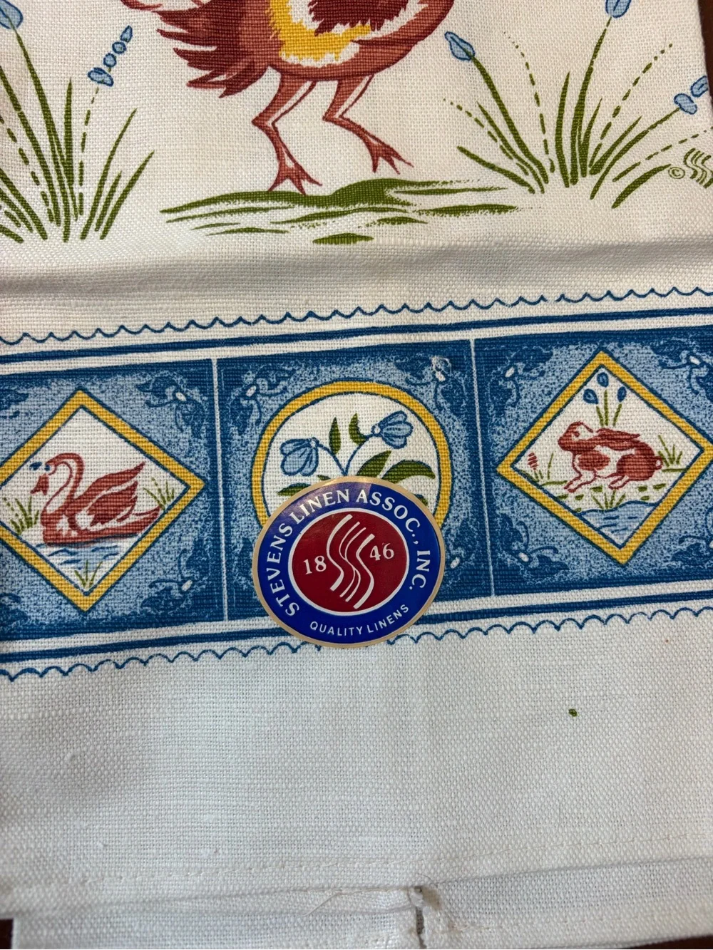 Vintage Stevens Pure Linen Cream Kitchen Towel cottage core rooster, Swan, bunny